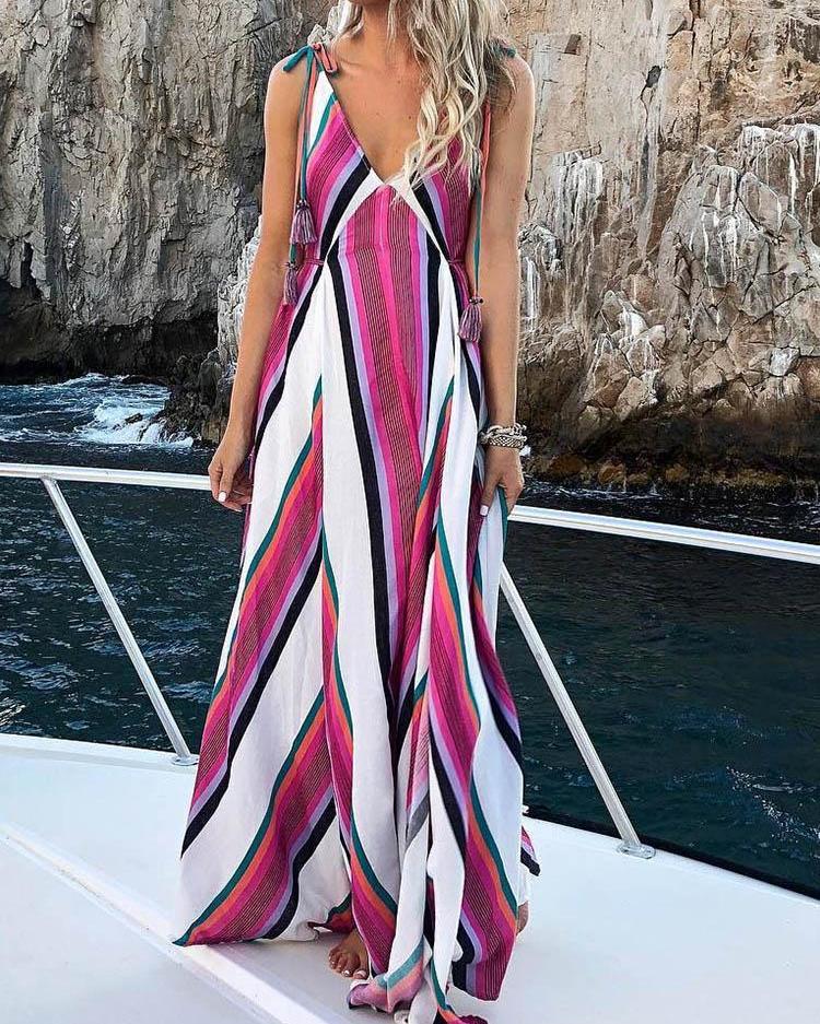 

V Neck Striped Print Tie Strap Maxi Dress, Multicolor