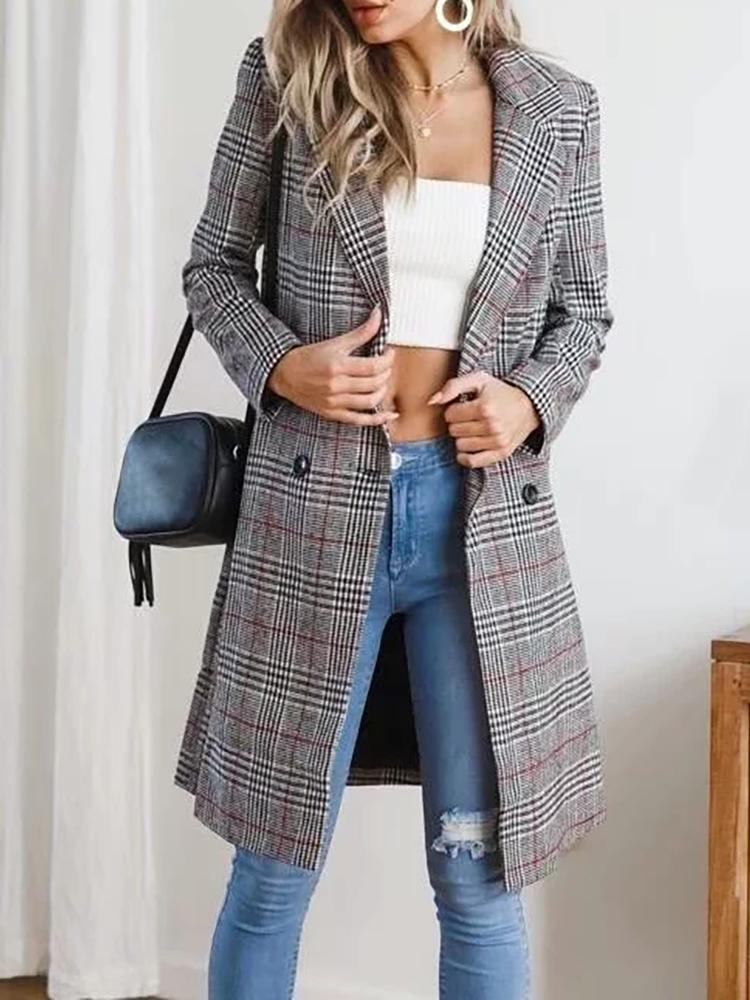 

Plaid Print Double-Breasted Slit Back Coat, Gray