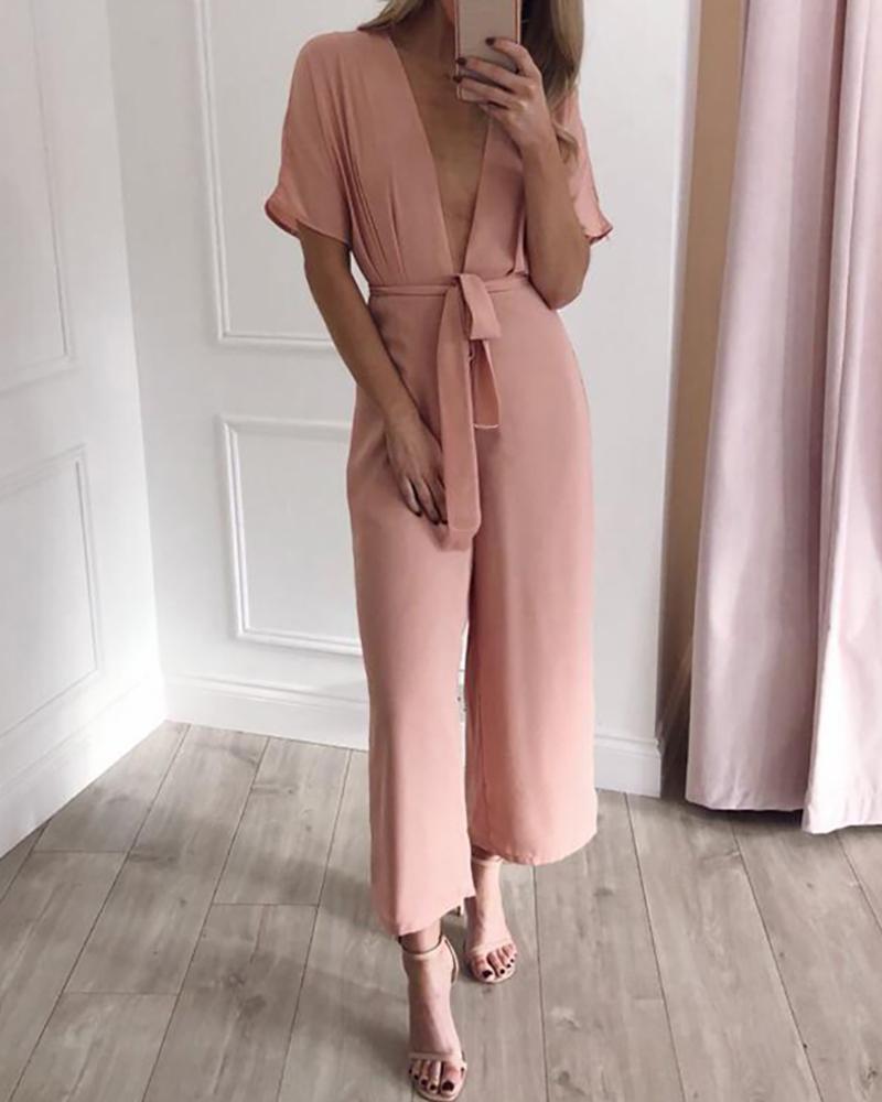 

Solid Color Deep V Wide Leg Belted Jumpsuit