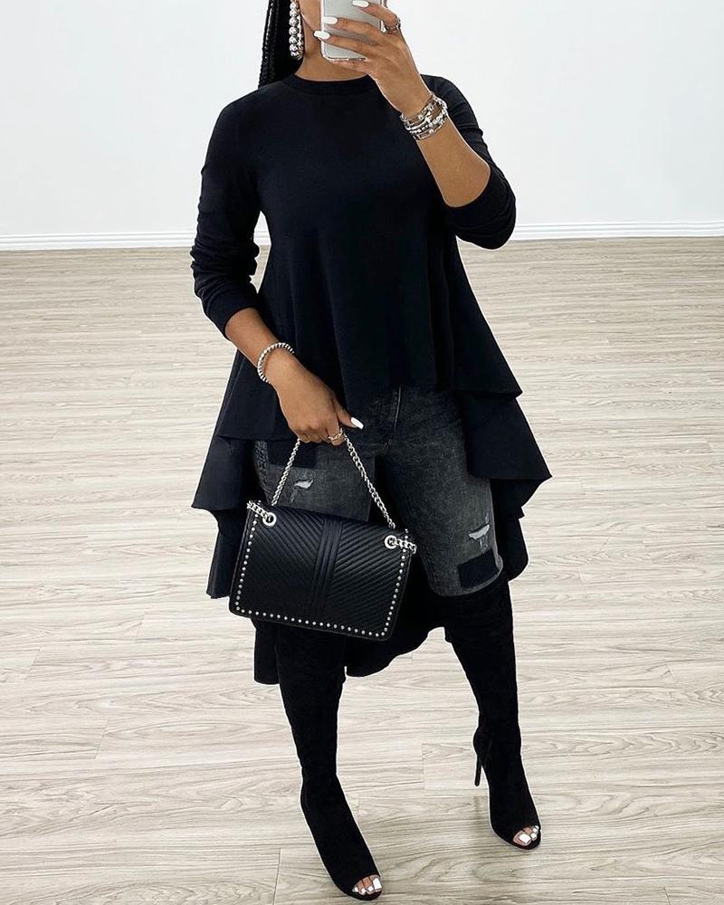 

Solid Long Sleeve Asymmetrical Blouse, Black