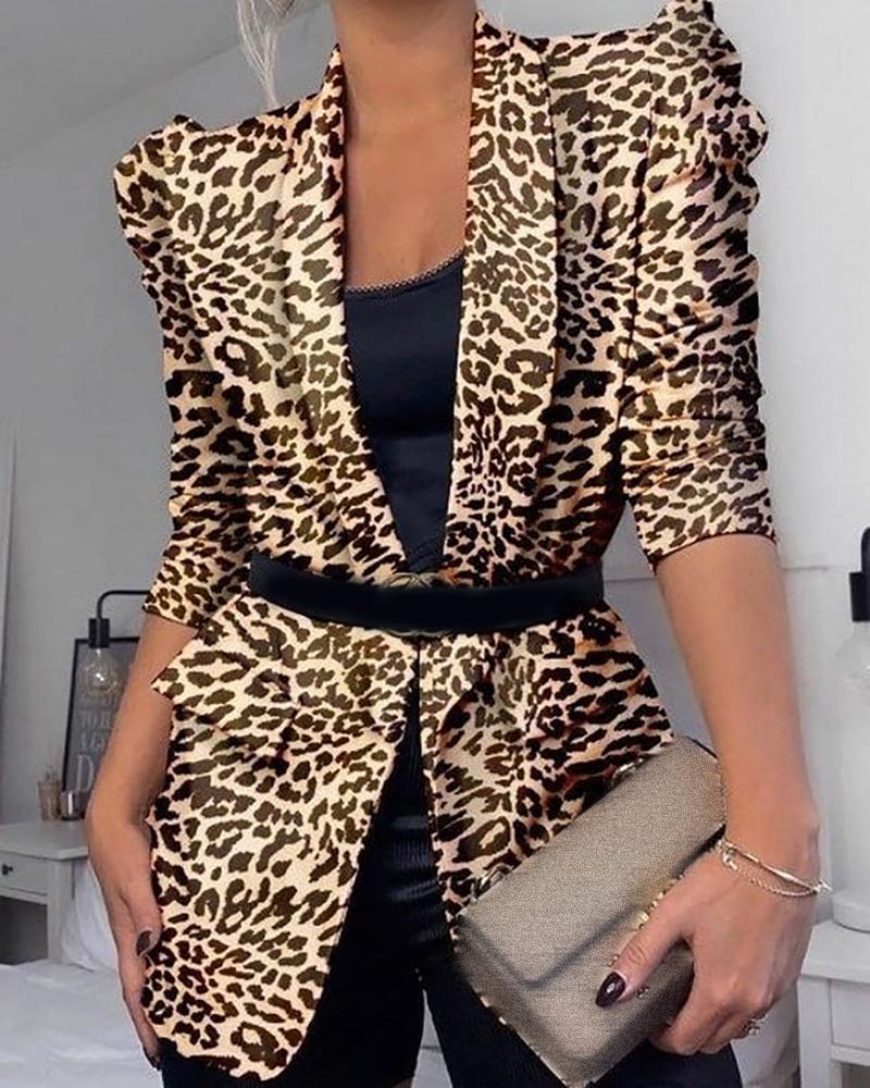 

Cheetah Print Puffed Sleeve Blazer Coat, Leopard