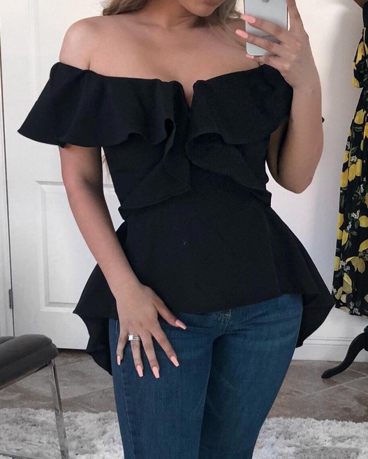 

Ruffle Off Shoulder Split Back Hi-Lo Hem Blouse, Black