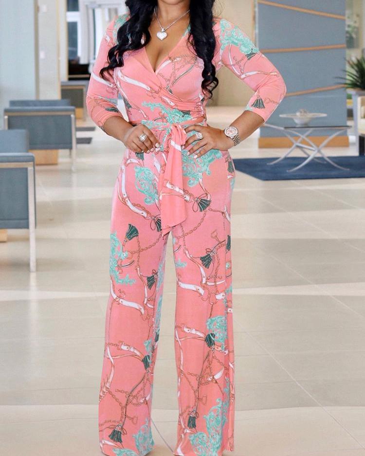 

Retro Chain Print Tie Waist Wrap Jumpsuit, Pink