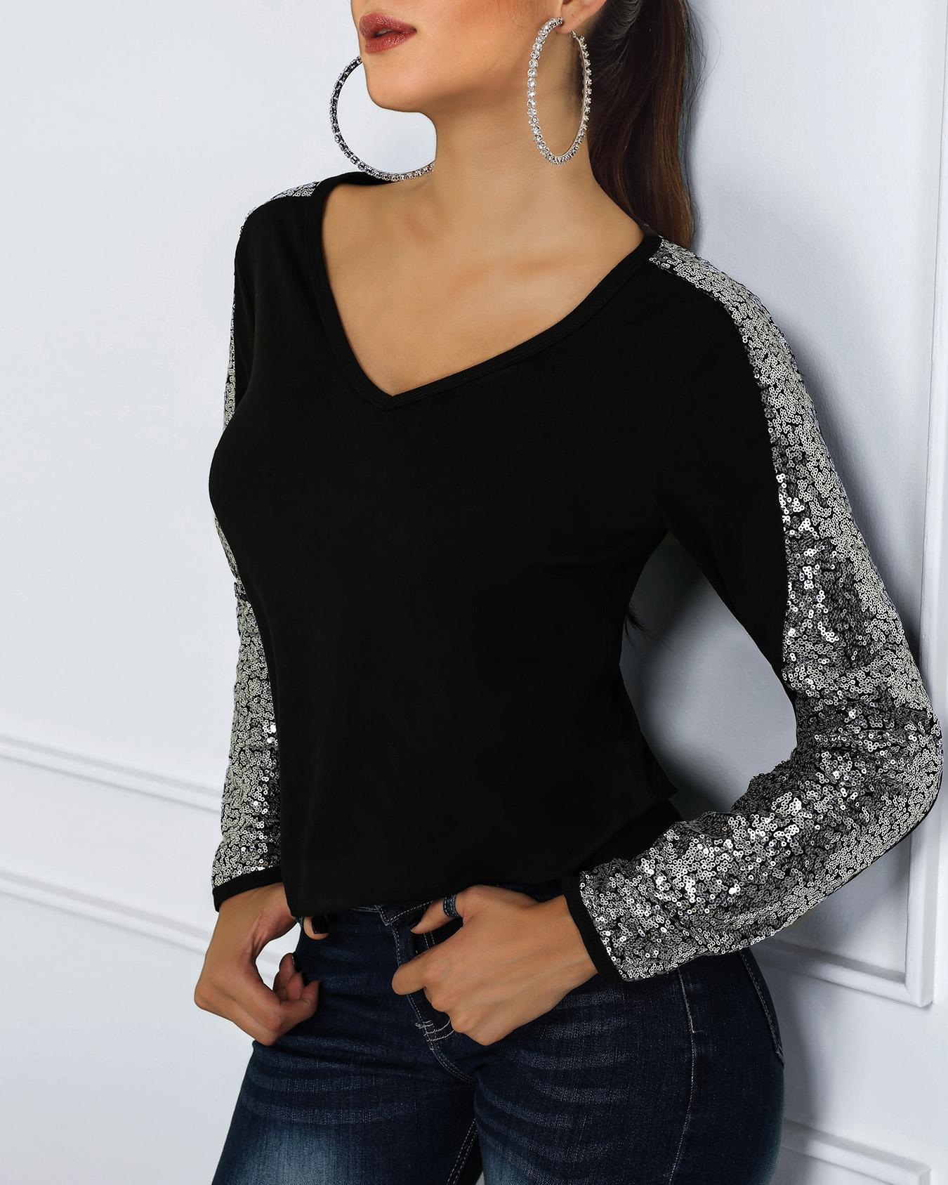 

Shiny Sequins Insert Casual T-Shirt, Silver