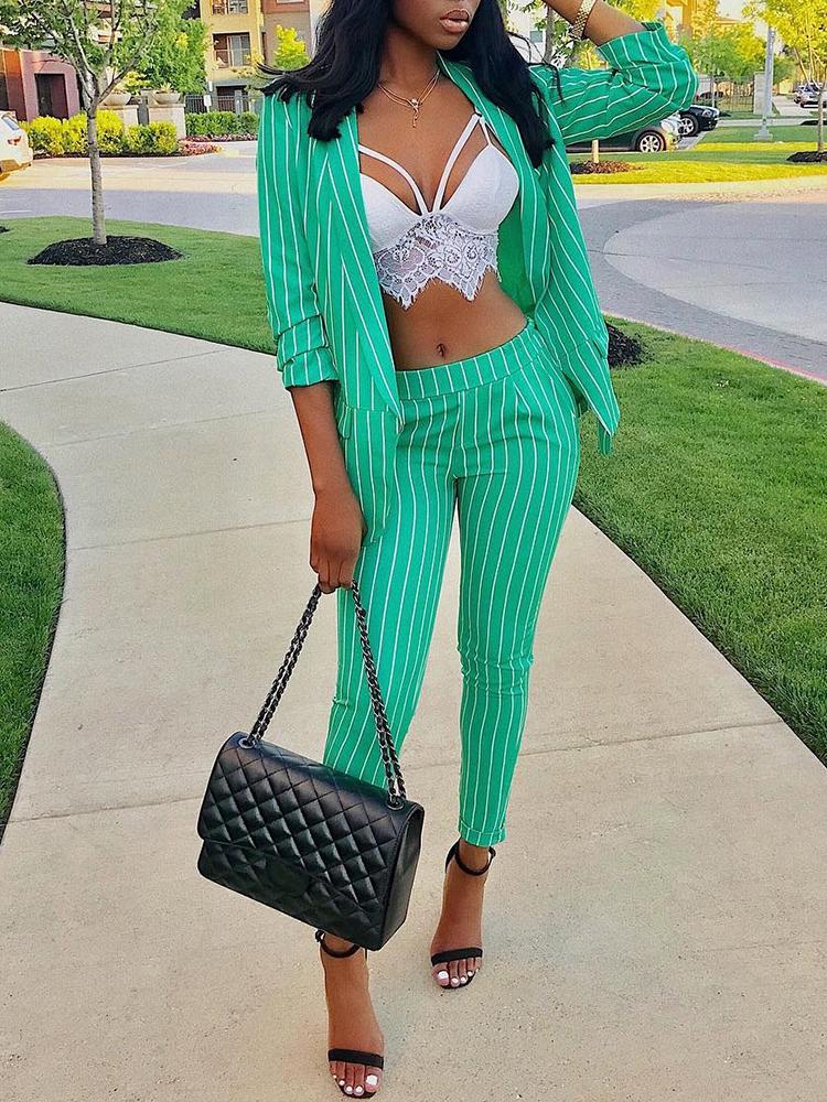 

Stripes Long Sleeve Open Front Blazer & Pants Sets