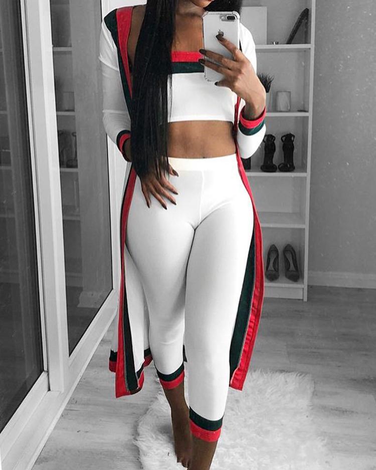 

3PCS Striped Tape Crop Top & Pants With Coat Sets, White