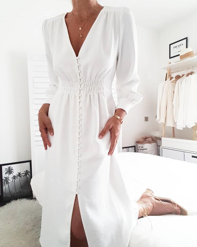 

V-Neck Front Slit Smocked Dress, White