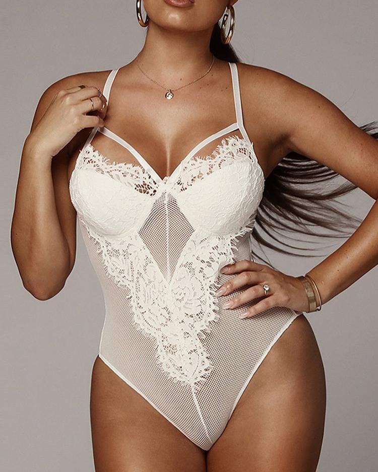 

Sheer Eyelash Lace Teddy Bodysuit, White