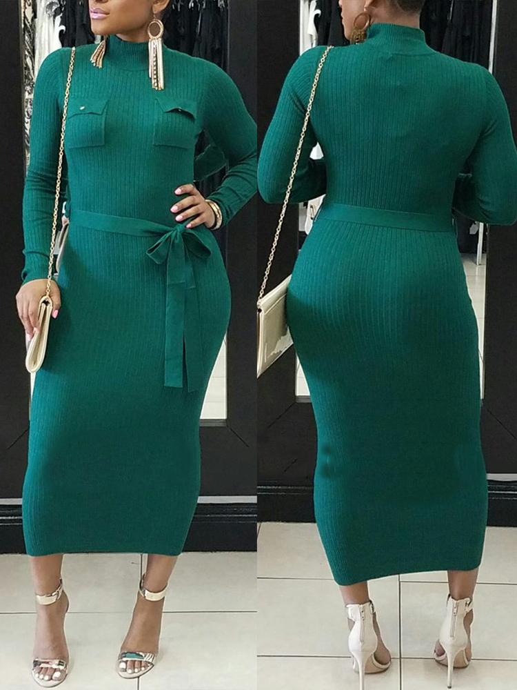 

Solid Pocket Design Belted Bodycon Maxi Dress, Green