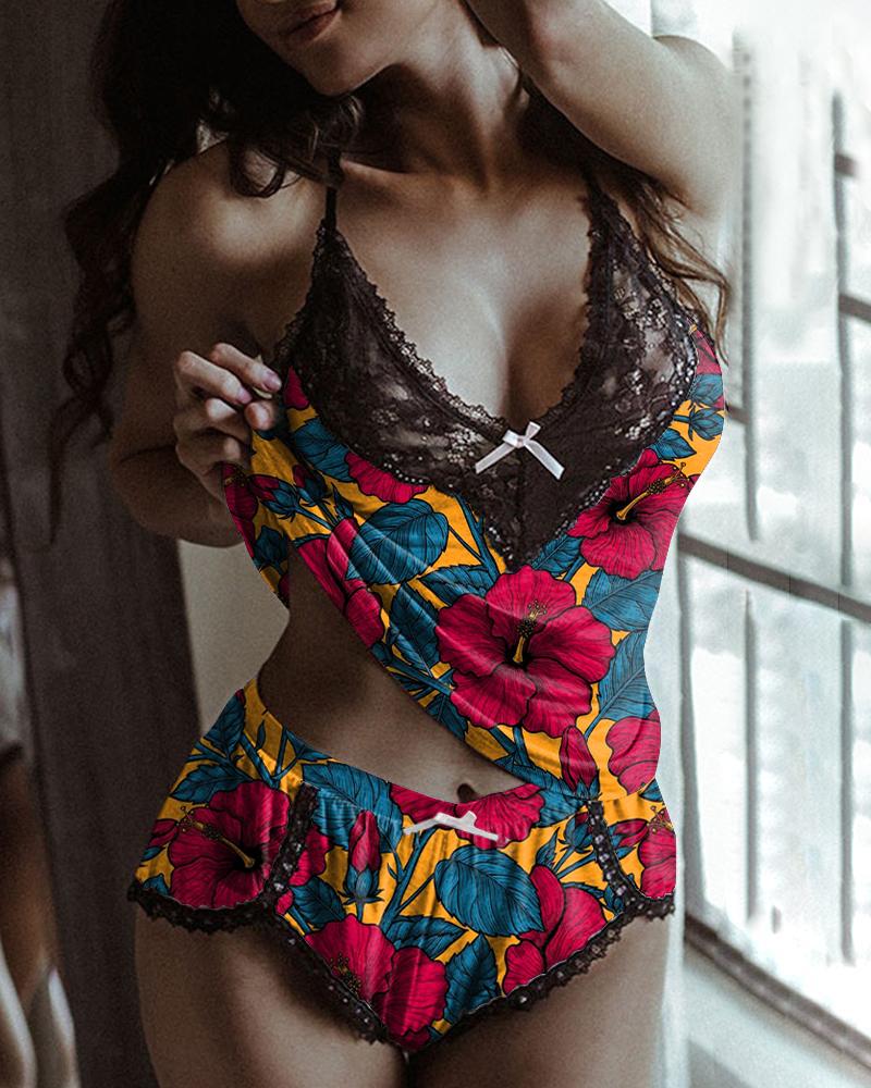 

Hawaii Floral Print Strap Lace Patchwork Tanks With Shorts Sexy Sets, Multicolor