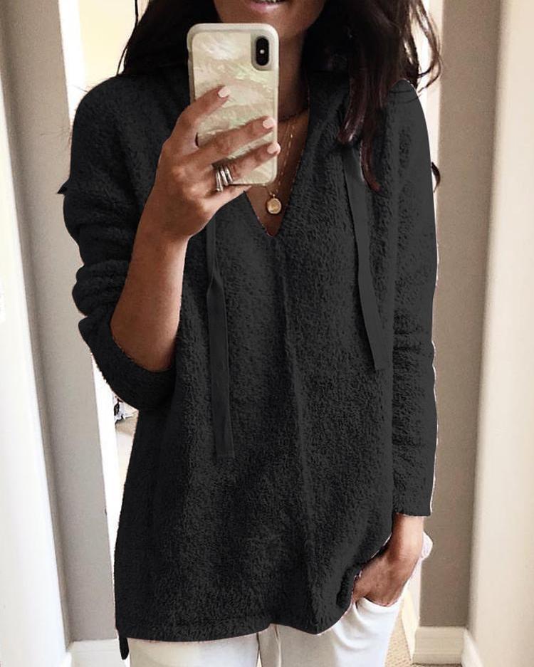 

Solid Fluffy Hooded Long Sleeve Sweatshirt, Black