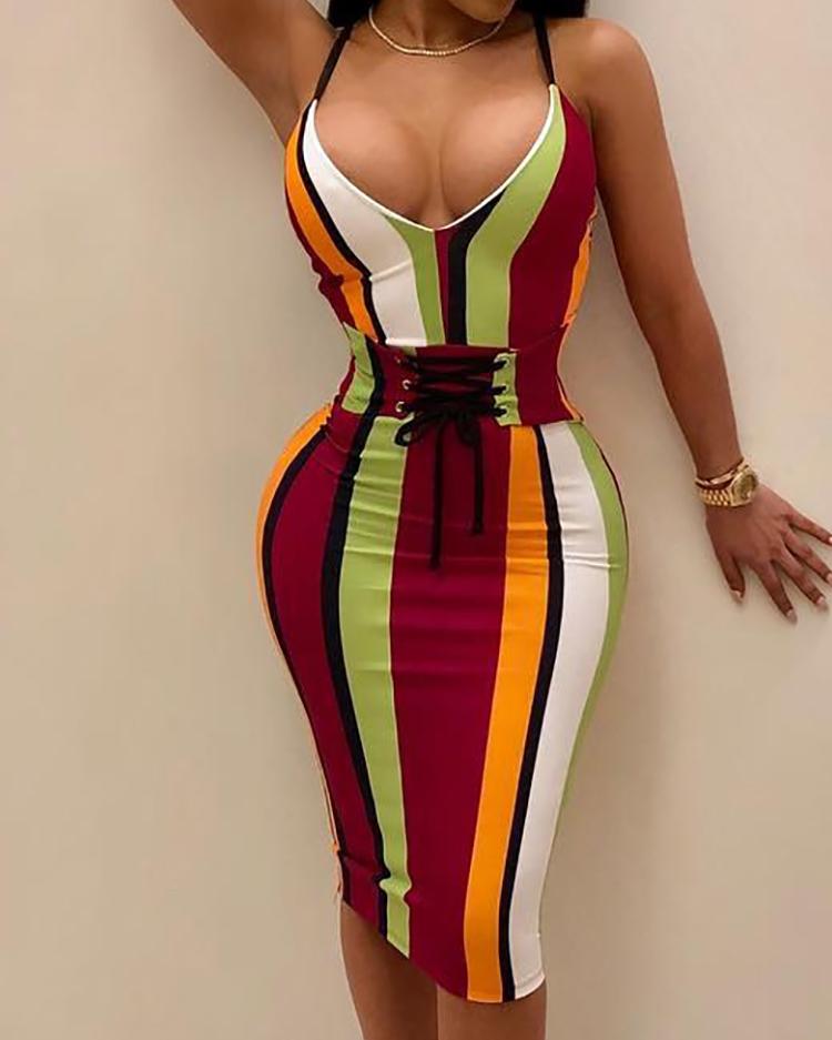 

Colorful Striped Tie Waist Slip Party Dress