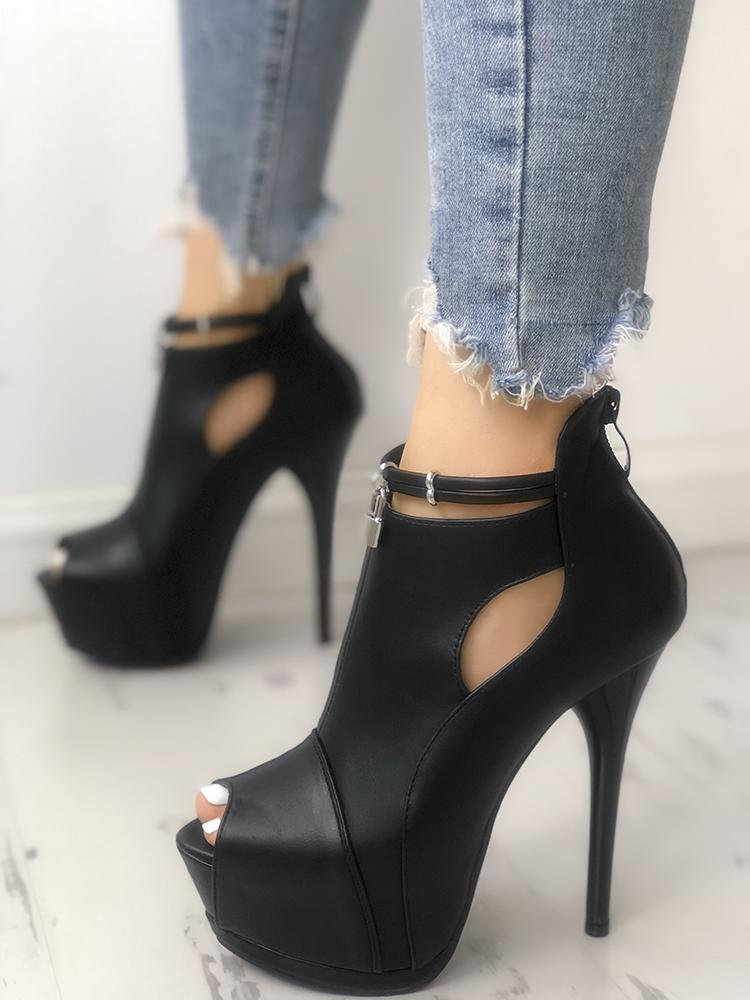 

Solid Cut Out Platform Thin Heeled Sandals, Black
