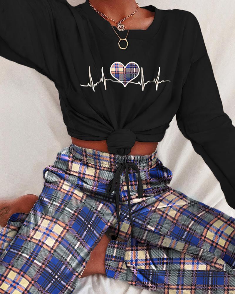 

Print Long Sleeve Top & Grid Drawstring Pants Set, Multicolor