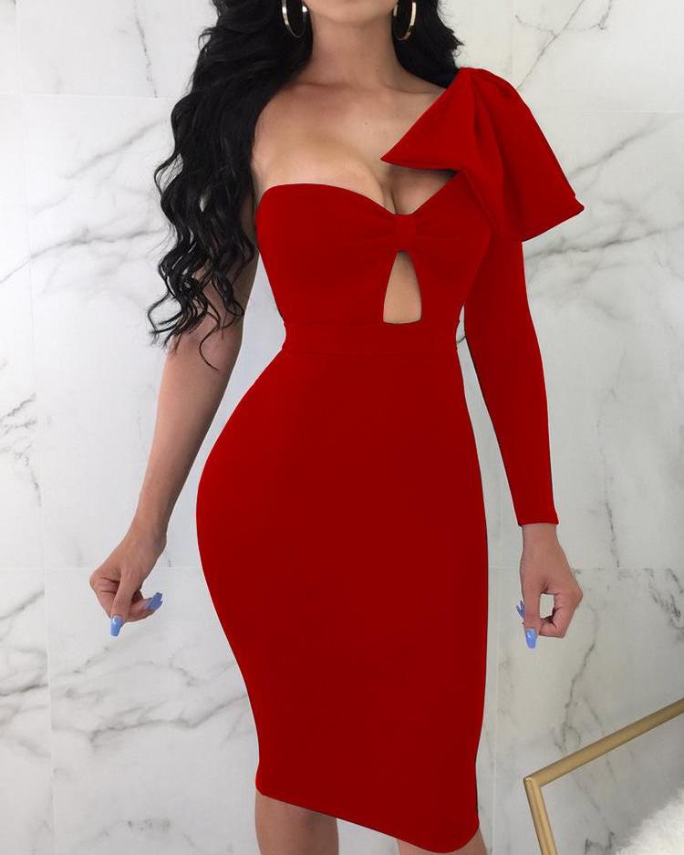 

Exaggerate Bowknot Shoulder Cutout Bodycon Dress, Red