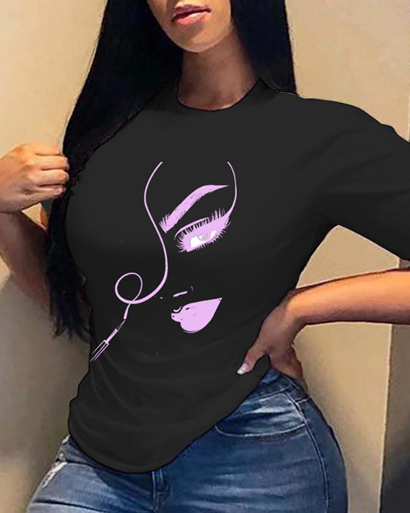 

Figure Print Short Sleeve Casual T-shirt, Black