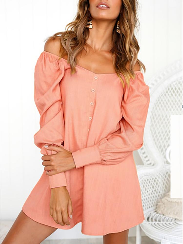 

Off Shoulder Long Sleeve Button Casual Dress