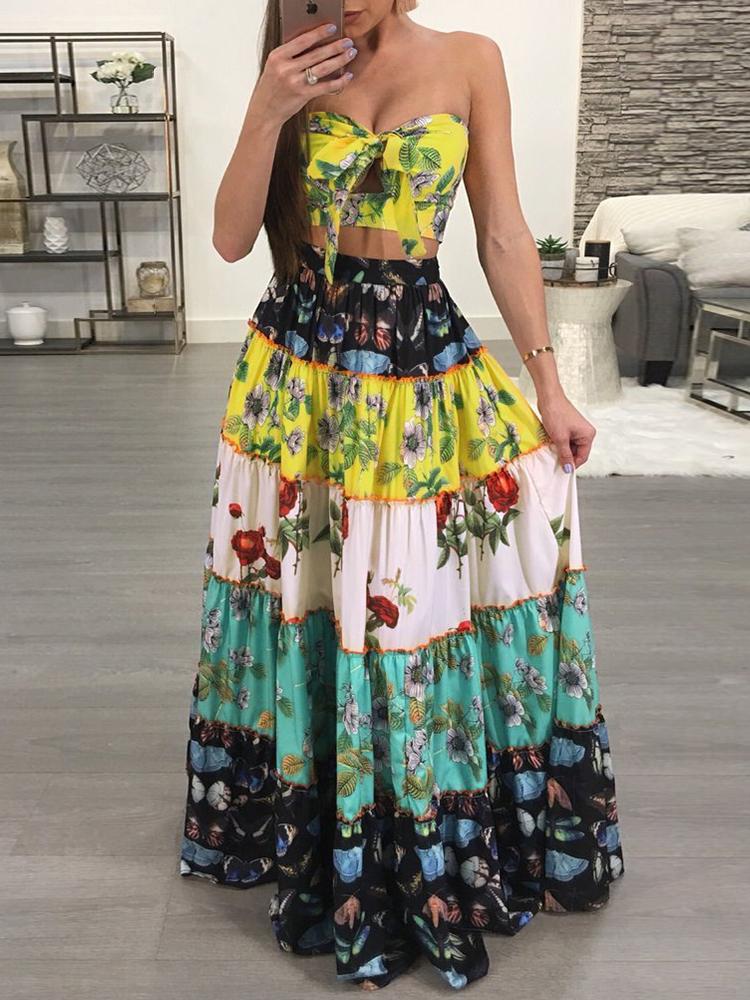 

Boho Floral Print Strapless Top & Maxi Skirts Set