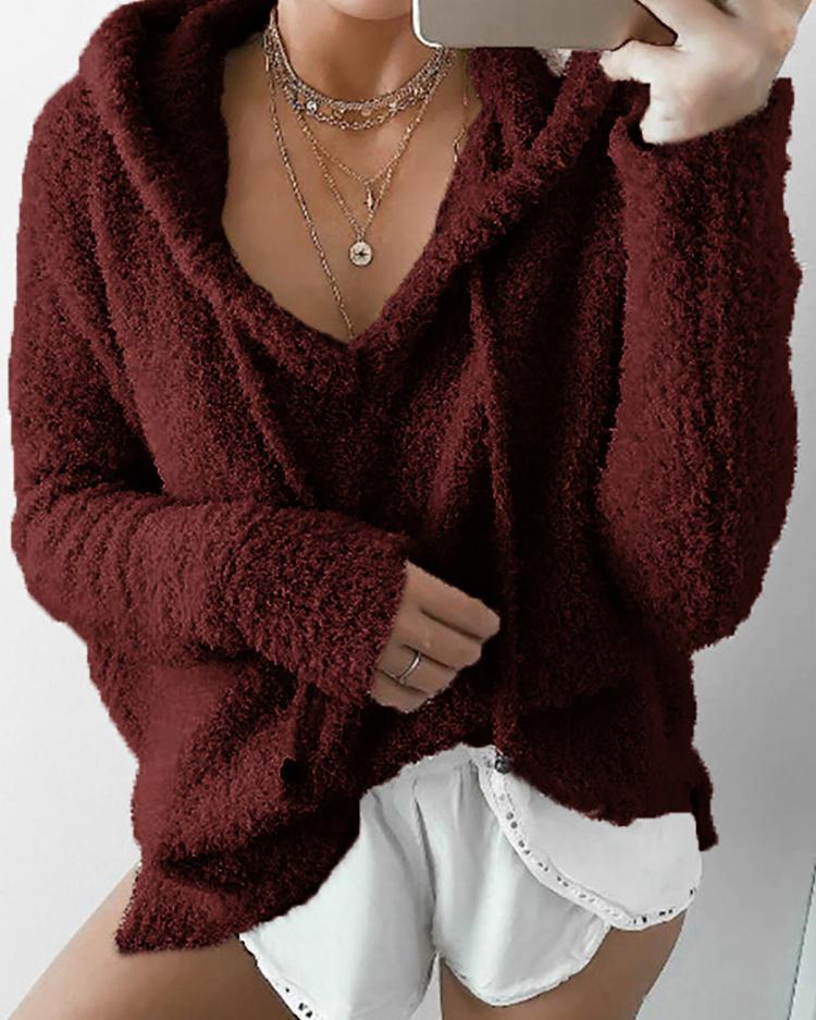 

Fashion Fuzzy Drawstring Hoodies Sweatshirt, Wine red