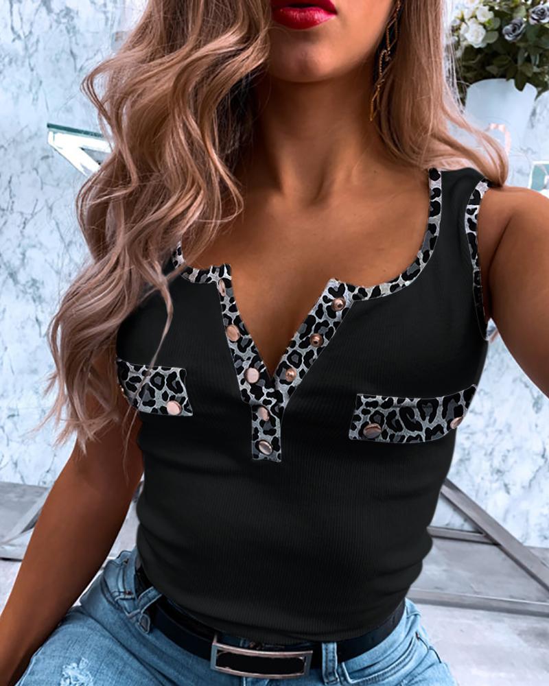 

Sleeveless Buttoned Design Leopard Print Top, Black