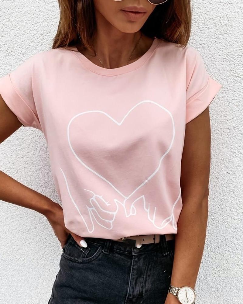 

Heart Finger Print Casual T-shirt, Pink