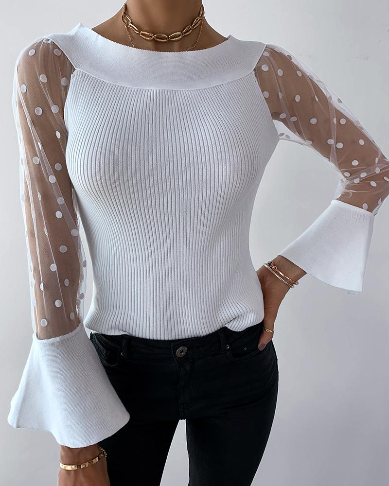 

Dot Mesh Bell Sleeve Knit Top, White