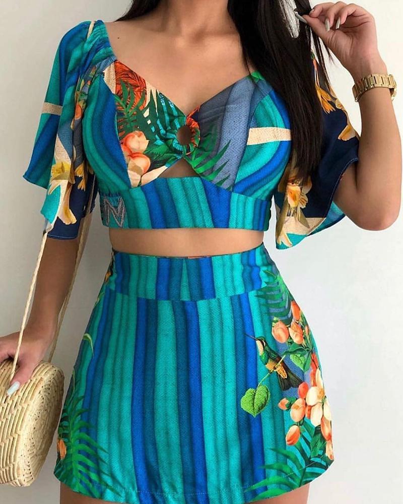 

Floral Striped Print Top & Skirt Set, Green