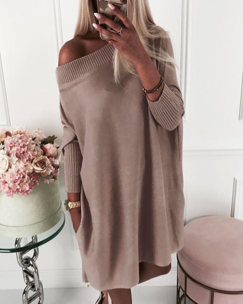 

Solid Long Sleeve Ribbed Casual Sweater Dress, Khaki