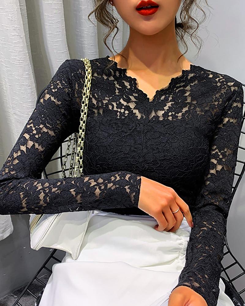 

V-Neck Flower Lace Pattern Blouse, Black