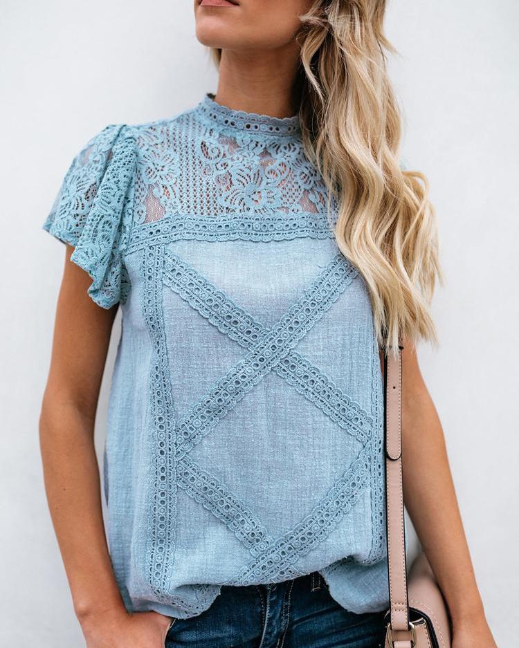 

Lace Yoke Keyhole Back Crisscross T-Shirt, Blue