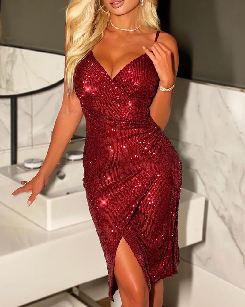 

Sequins Slit Party Dress, Red