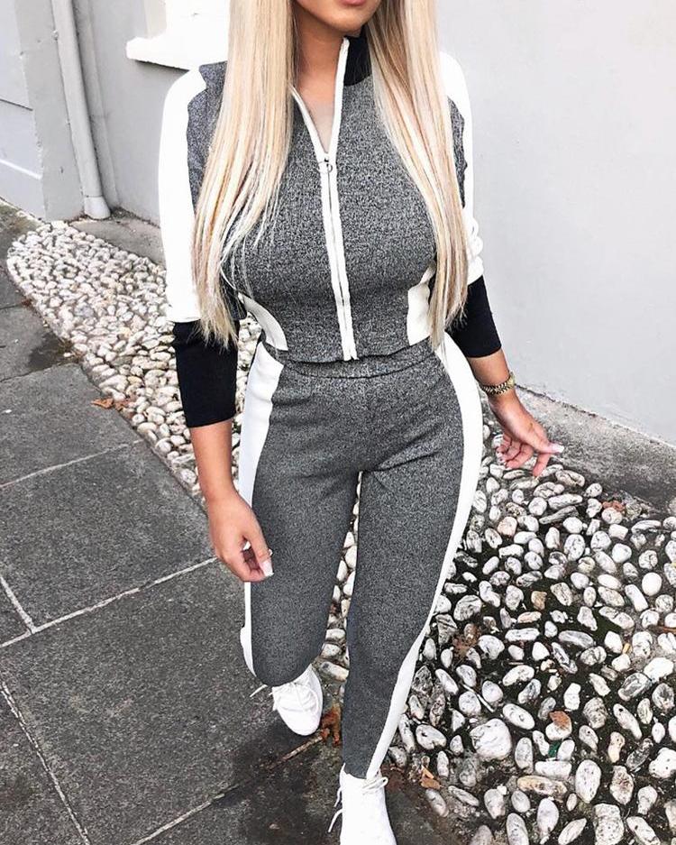 

Contrast Color Splicing Zipper Top & Pant Sets, Gray