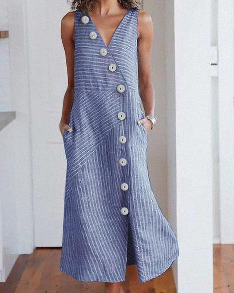 

Button Design Sleeveless V-neck Striped Dress