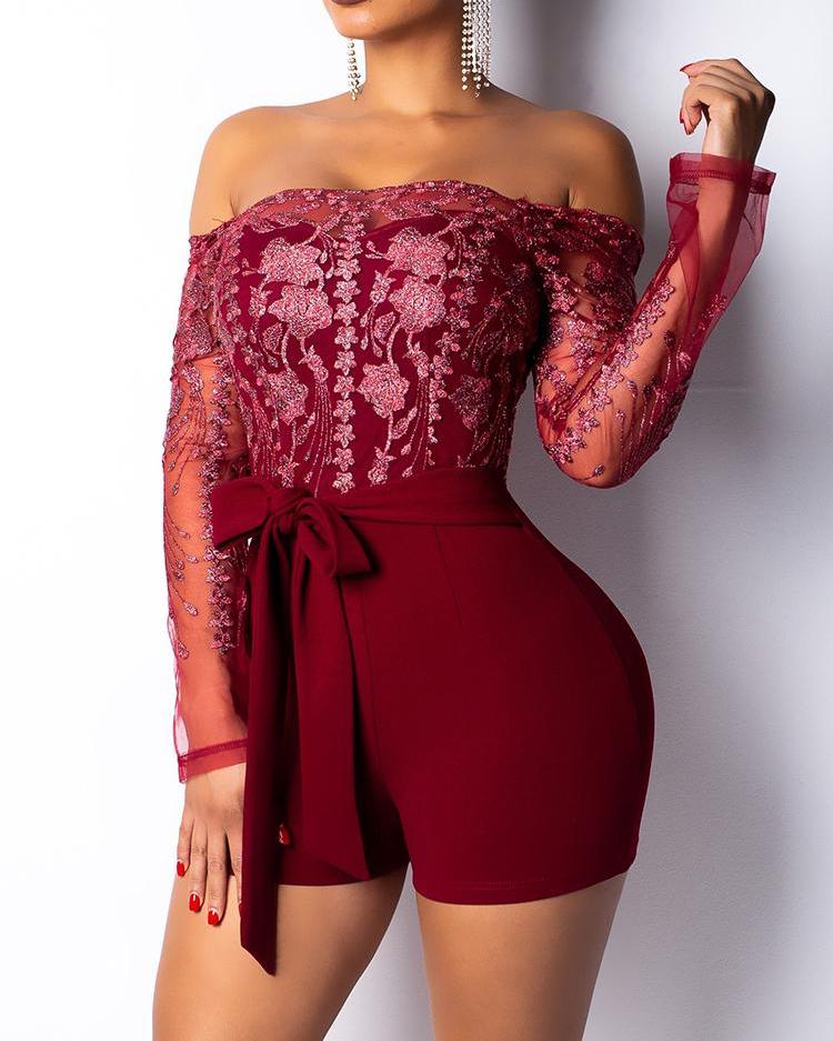 

Off Shoulder Sheer Floral Embroidery Romper, Red