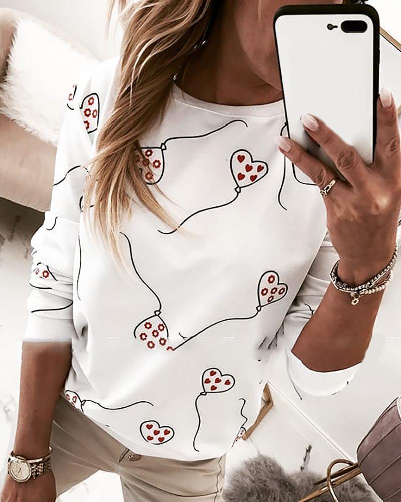 

Heart Daisy Print Casual Blouse, White