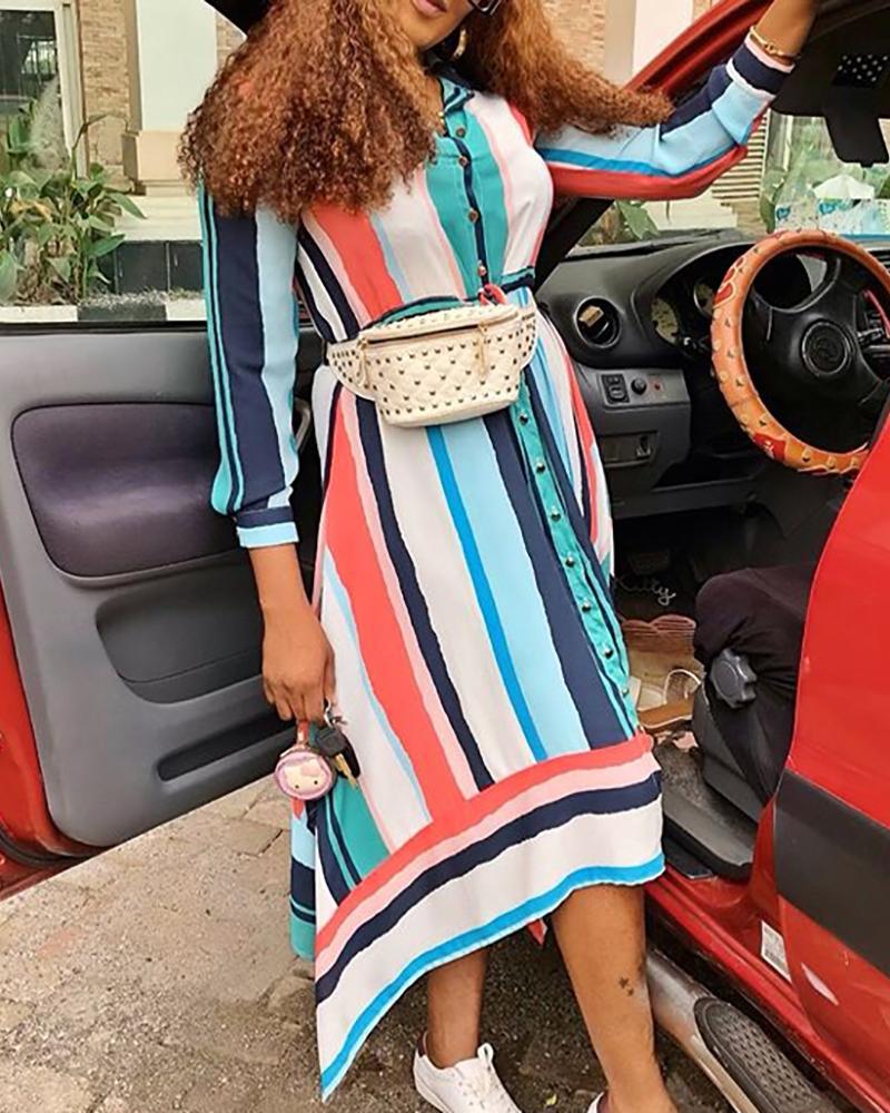 

Colorful Striped Button Up Shirt Dress, Multicolor