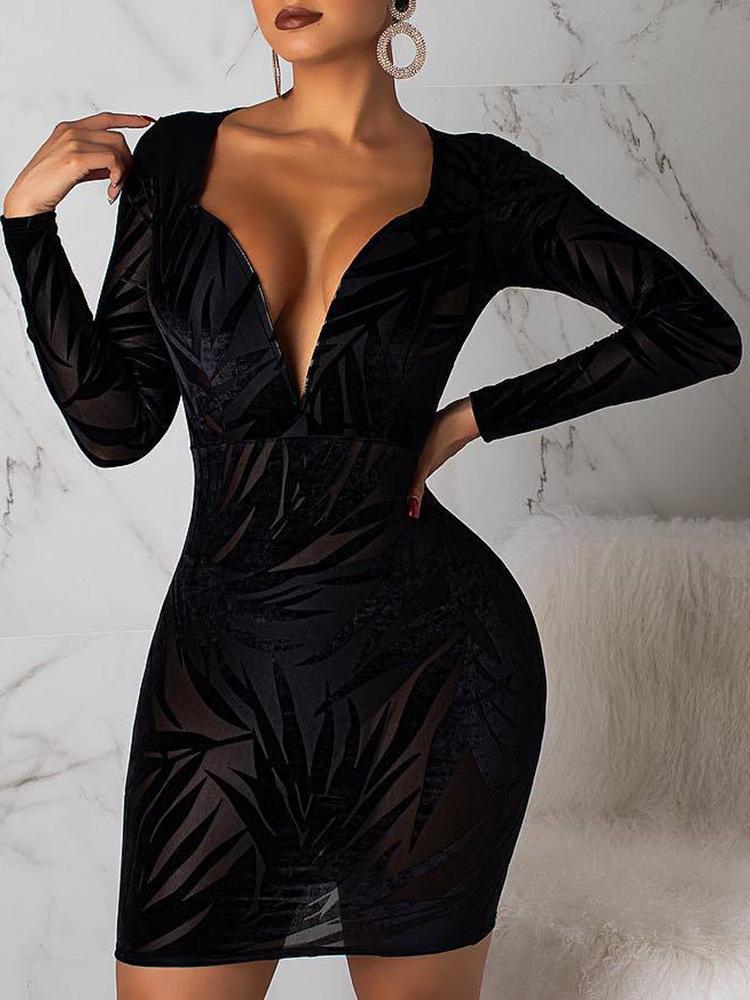 

Plunge Mesh Sheer Keyhole Back Party Dress, Black