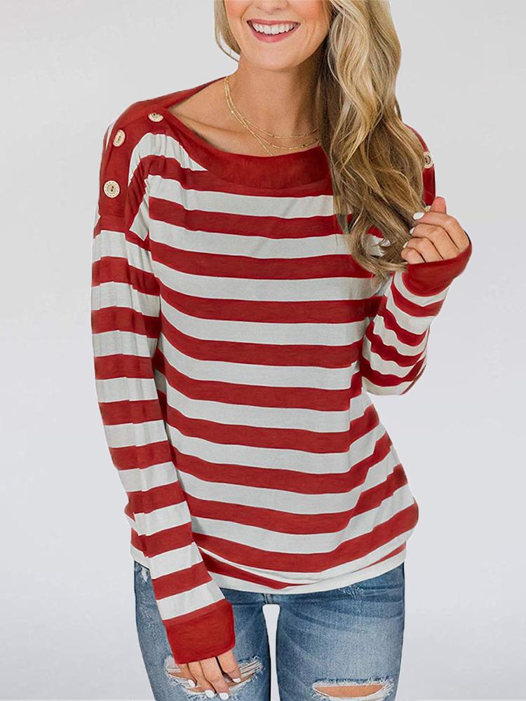 

Striped Button Design Casual T-Shirt, Red