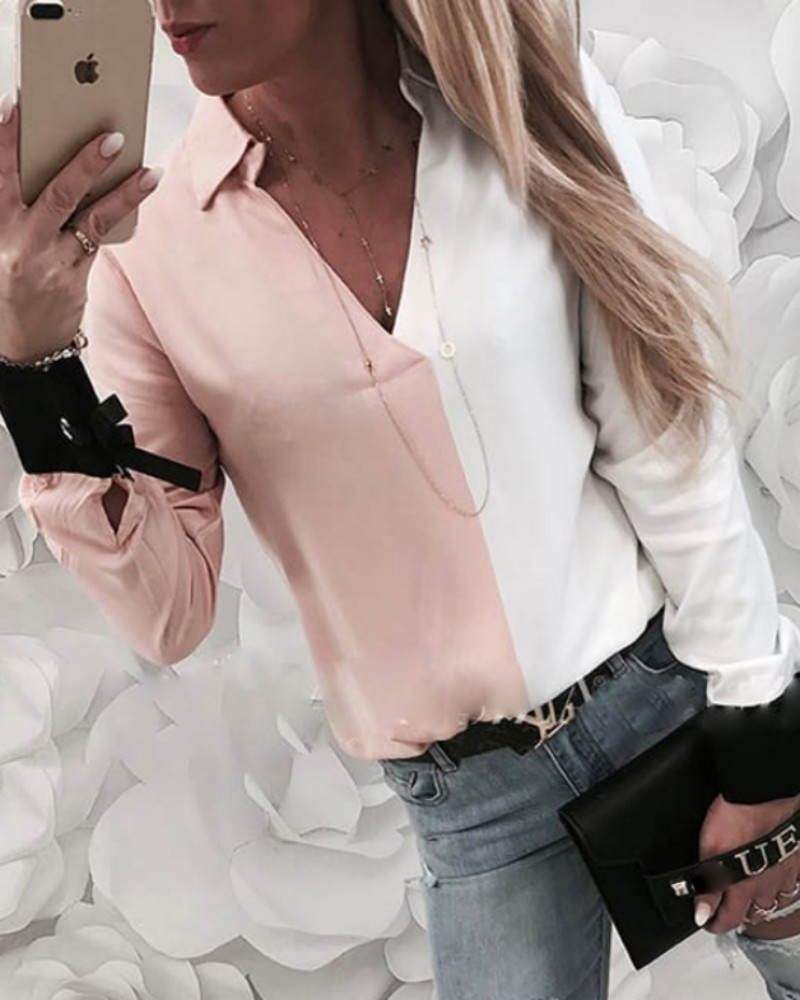 

Colorblock Insert Long Sleeve Casual Blouse, Light pink