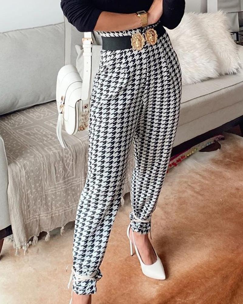 

Houndstooth Print High Waist Pants, White&black