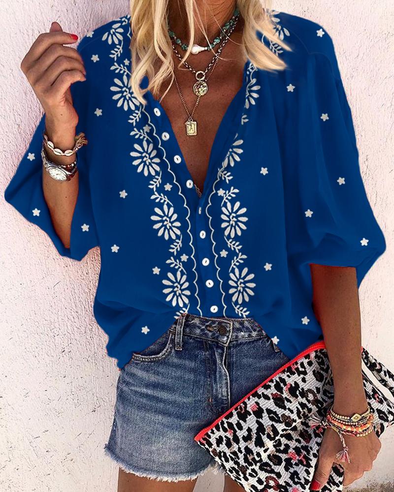 

Floral Print V-Neck Casual Blouse, Blue