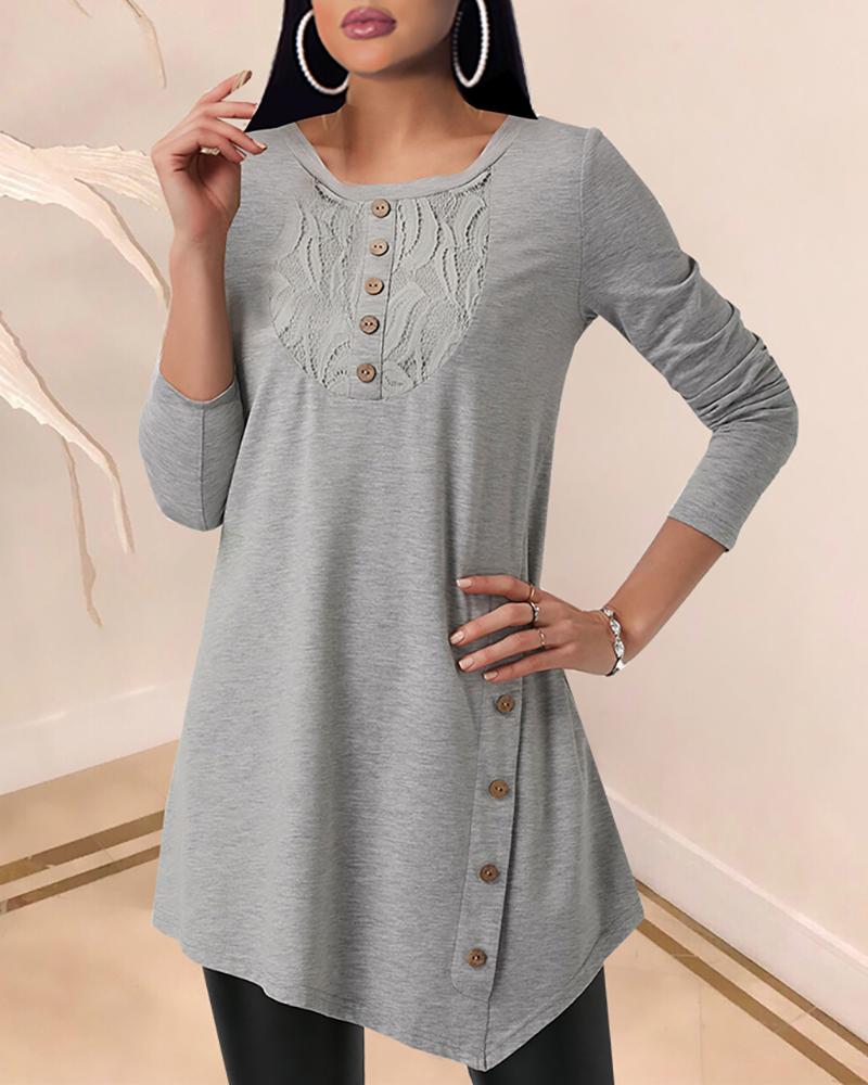 

Buttoned Lace Long Sleeve Casual Blouse, Gray