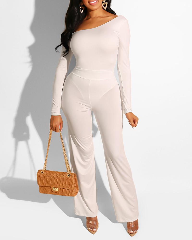 

Solid Long Sleeve Skew Neck Jumpsuit, White