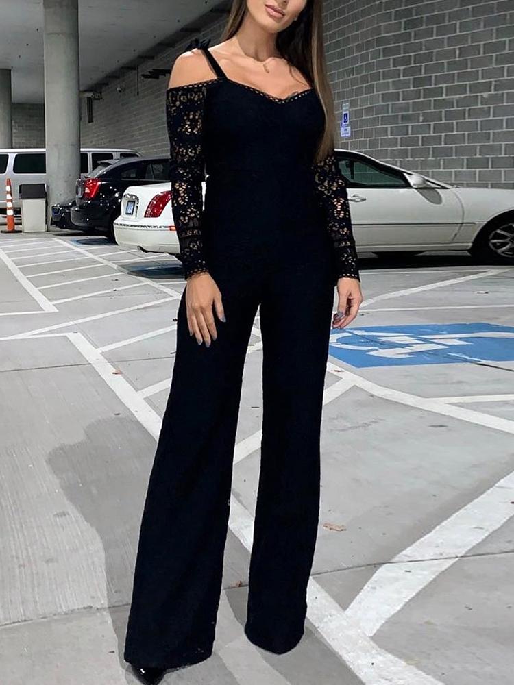 

Lace Splicing Cold Shoulder Jumpsuit, Black