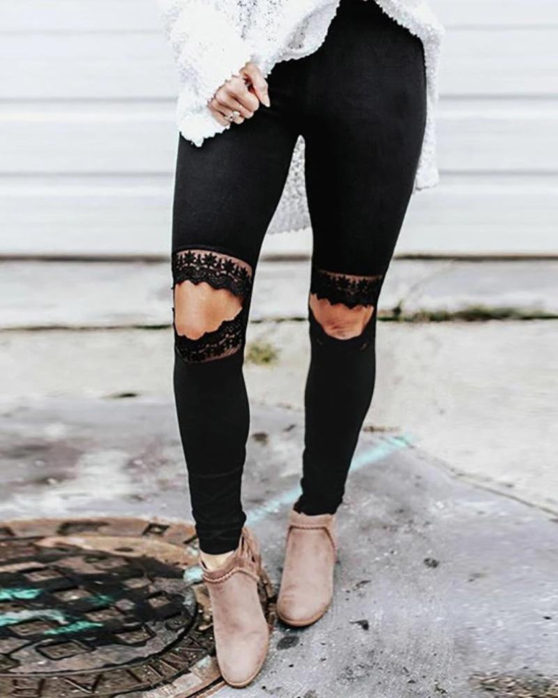 

Mixed Print Cutout Lace Skinny Pants, Style2