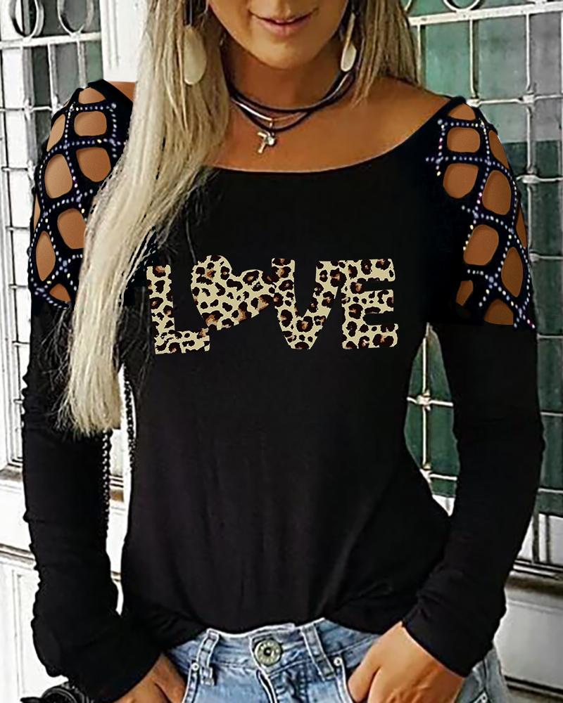 

Studded Leopard Letter Print Cutout Long Sleeve Top For Valentine' Day, Black