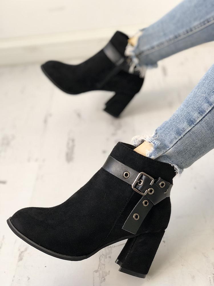 

Suede PU Belt Embellished Buckle Ankle Boots