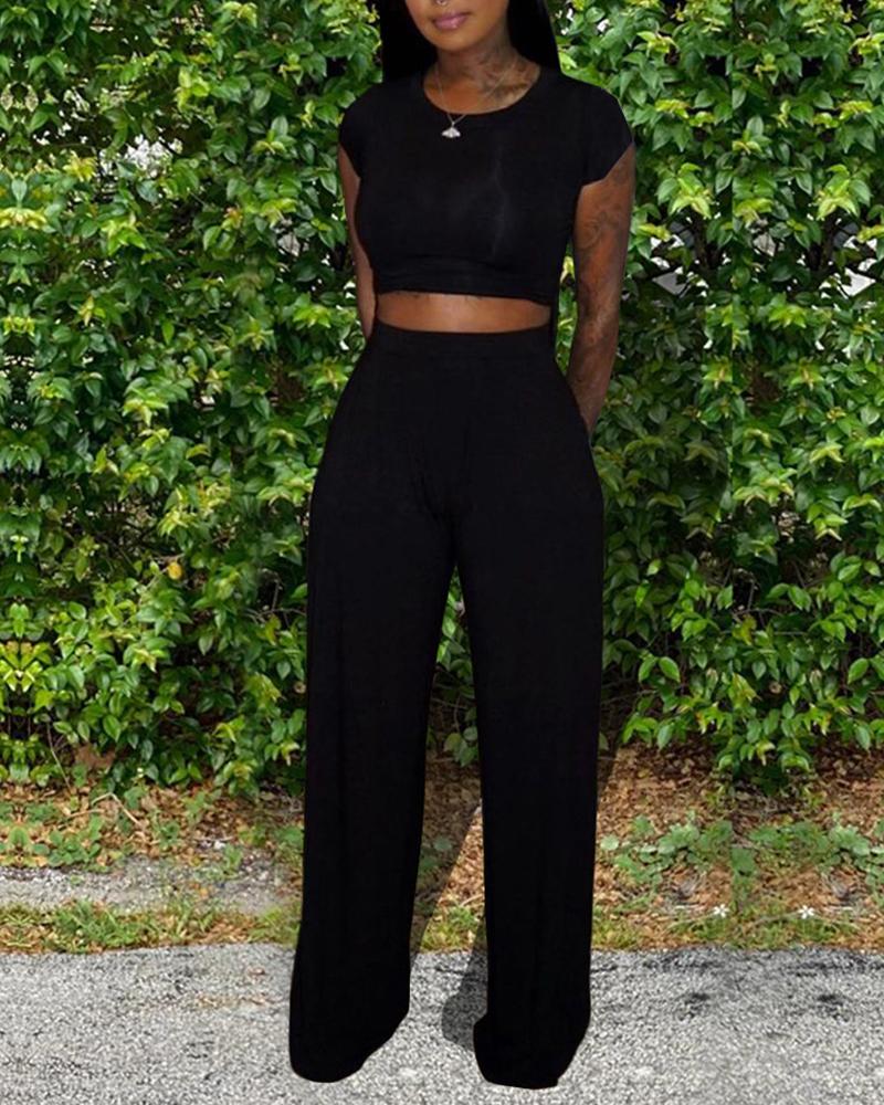 

Solid Crop Top & Pants Set, Black