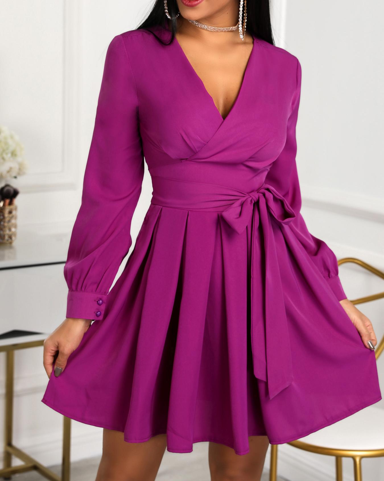 

Lantern Sleeve Tie Waist Pleated Mini Dress, Purple