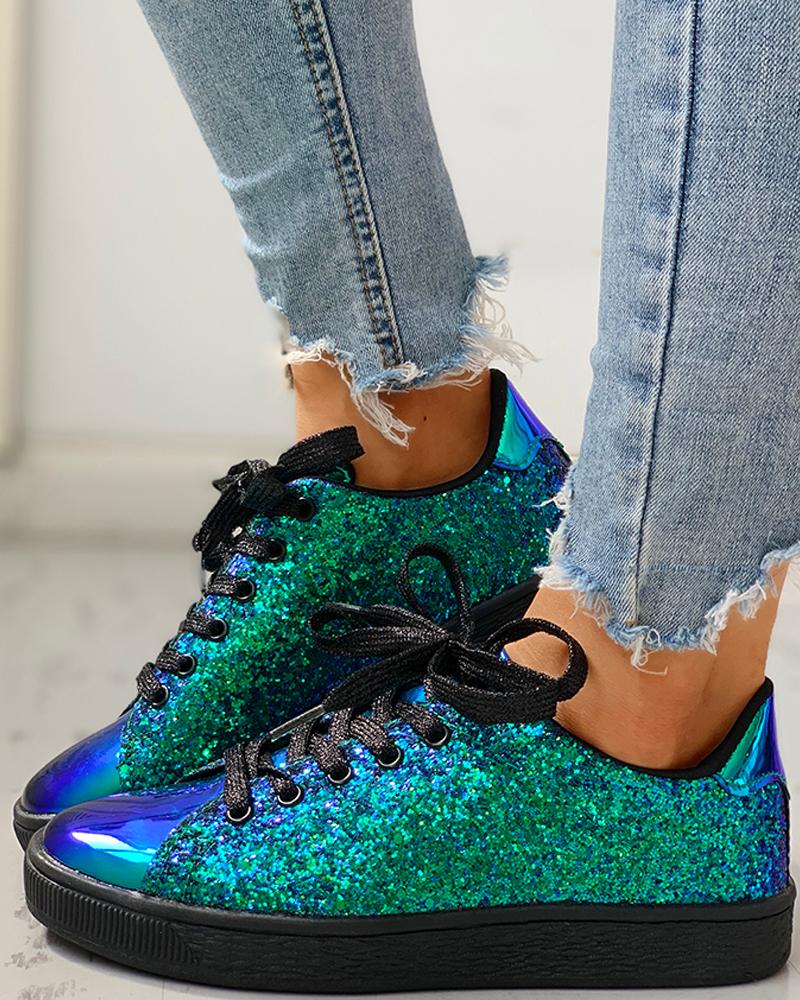 

Glitter Sequins Eyelet Lace-up Sneakers, Green